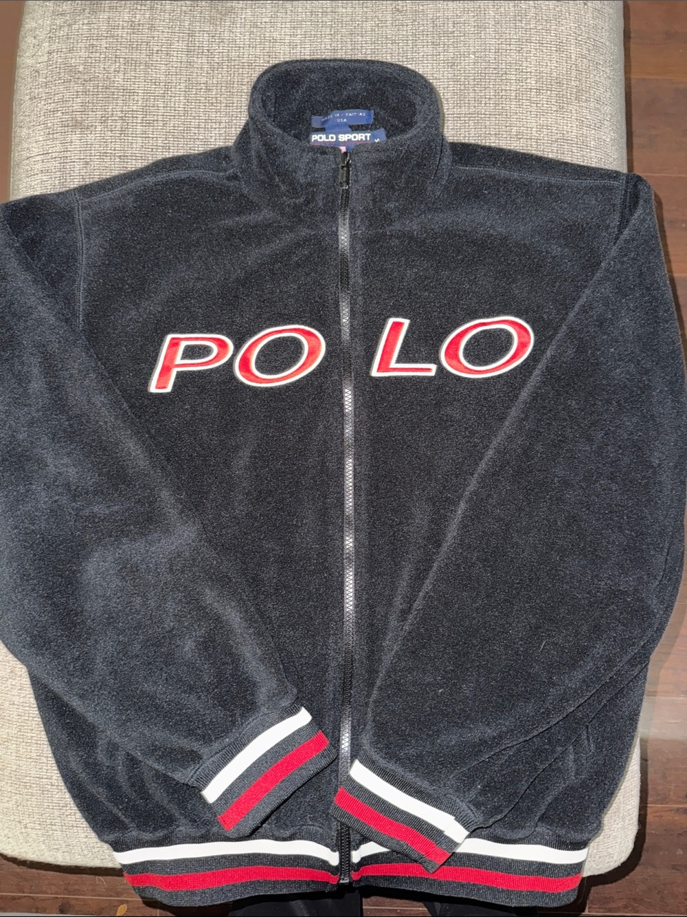 Vintage Polo Sport Black Fleece Zip-Up Jacket with Red & White Accents